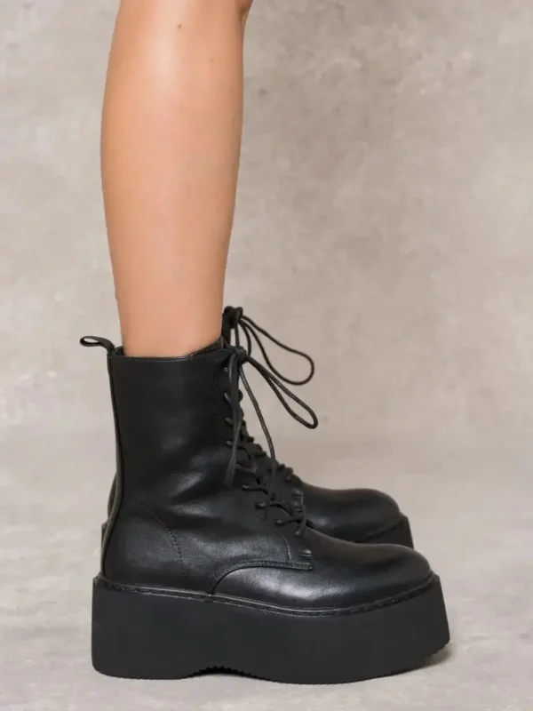 Botine cu platforma din piele eco, Negru - imagine 6