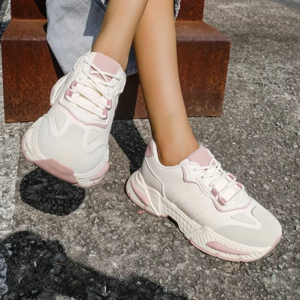 Sneakers dama casual sport, confort ergonomic, bej cu roz - imagine 3