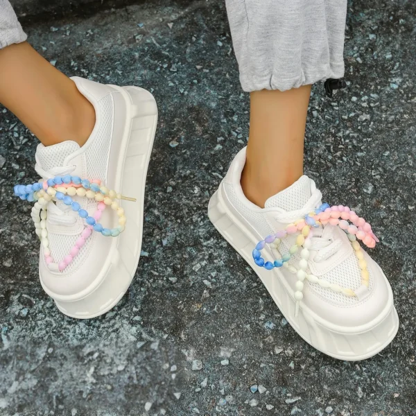 Sneakers dama platforma cu sireturi decorative colorate, Bej - imagine 2