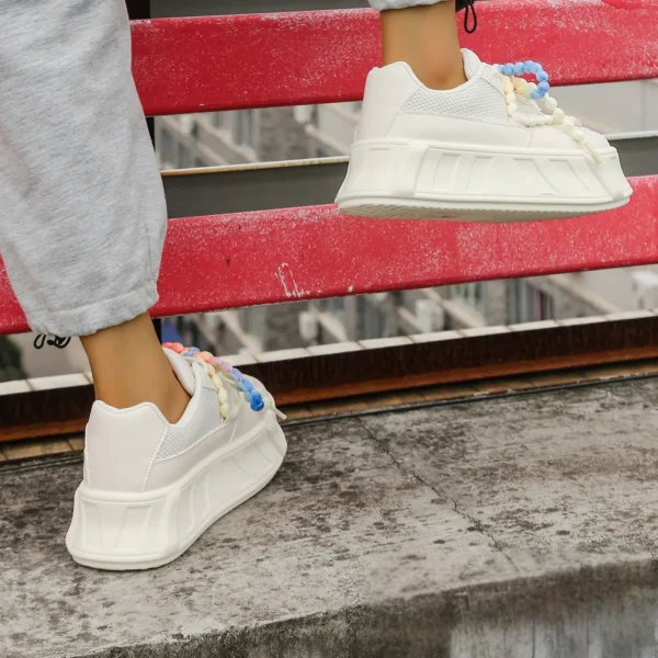 Sneakers dama platforma cu sireturi decorative colorate, Bej - imagine 3