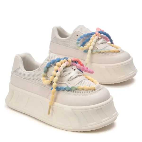 Sneakers dama platforma cu sireturi decorative colorate, Bej - imagine 4