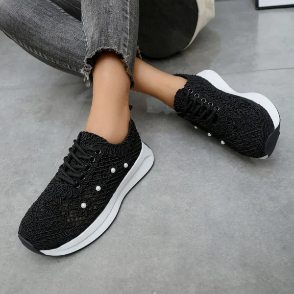 Sneakers cu dantela si perle decorative, Negru - imagine 2