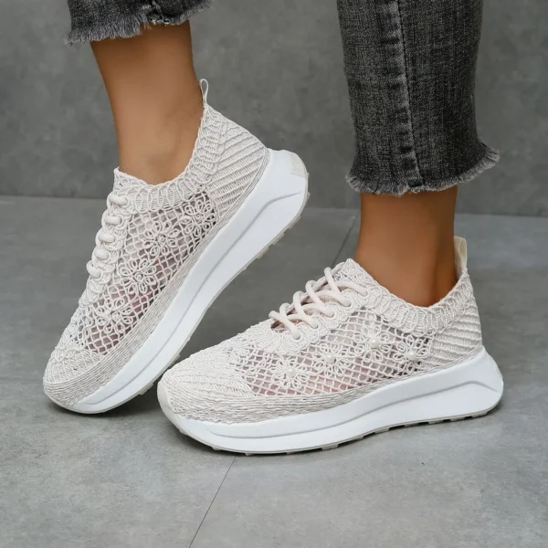 Sneakers cu dantela si perle decorative, Bej - imagine 2