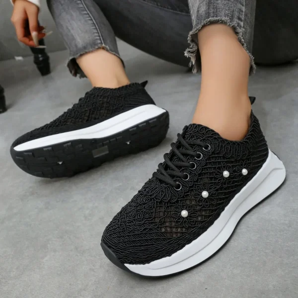 Sneakers cu dantela si perle decorative, Negru - imagine 3