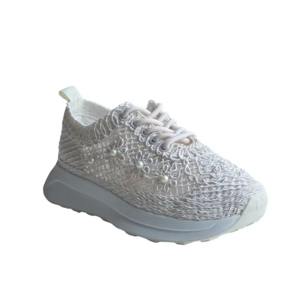Sneakers cu dantela si perle decorative, Bej - imagine 5