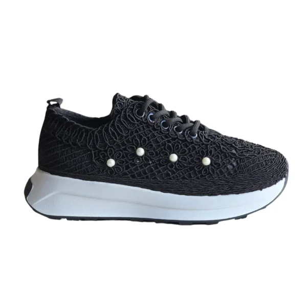 Sneakers cu dantela si perle decorative, Negru - imagine 5
