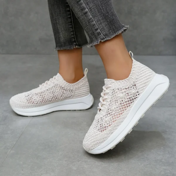 Sneakers cu dantela si perle decorative, Bej - imagine 3