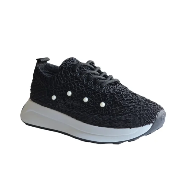Sneakers cu dantela si perle decorative, Negru - imagine 6