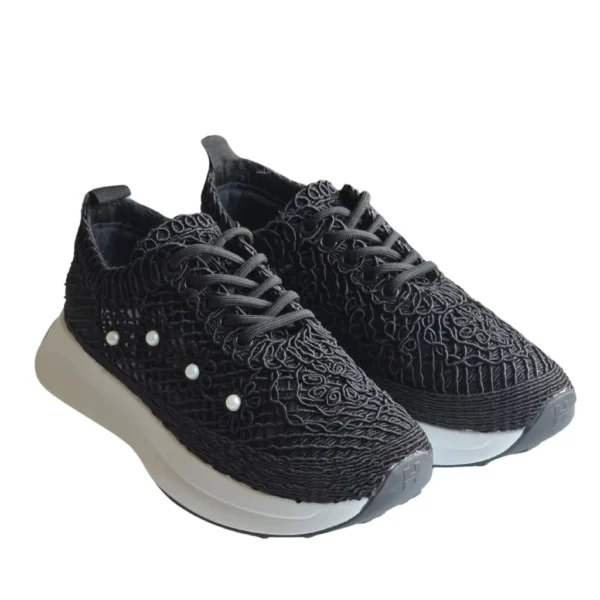 Sneakers cu dantela si perle decorative, Negru - imagine 8