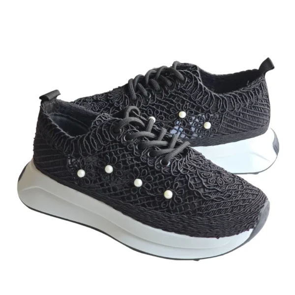Sneakers cu dantela si perle decorative, Negru - imagine 10