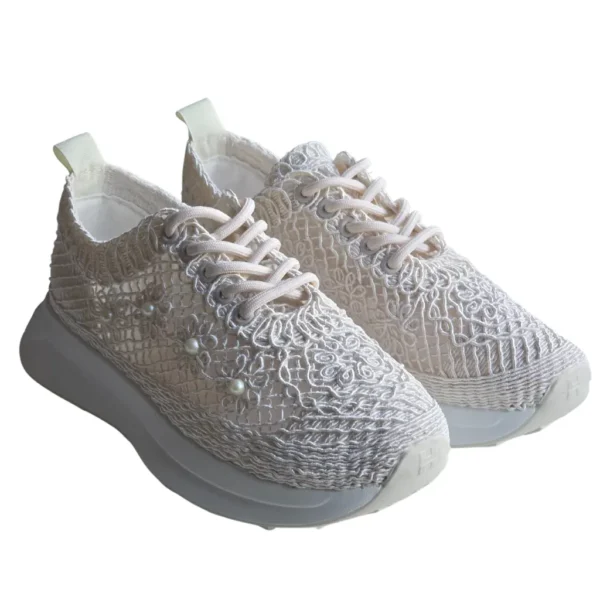 Sneakers cu dantela si perle decorative, Bej - imagine 10